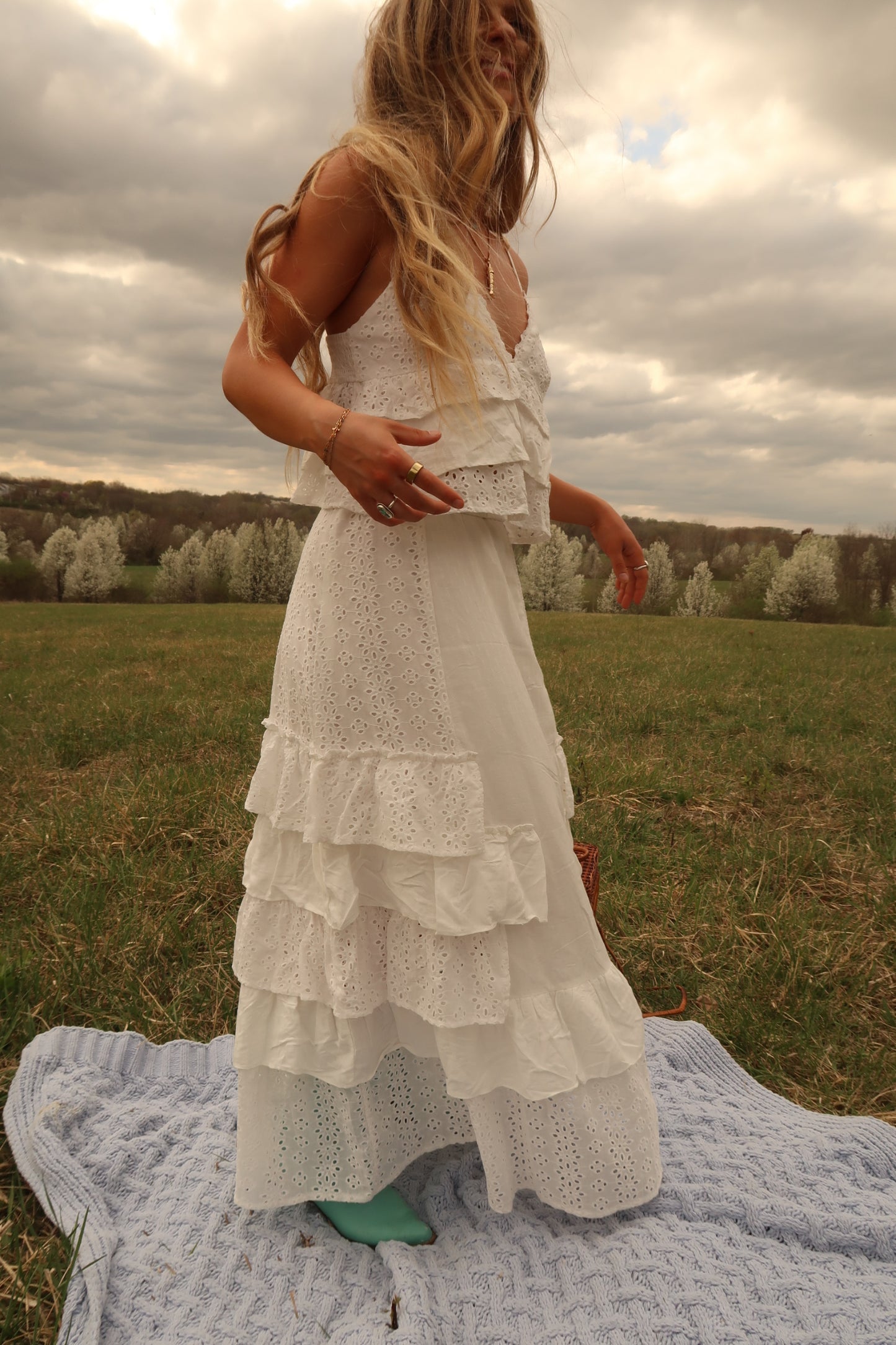 Tulip Eyelet Ruffle Maxi Skirt