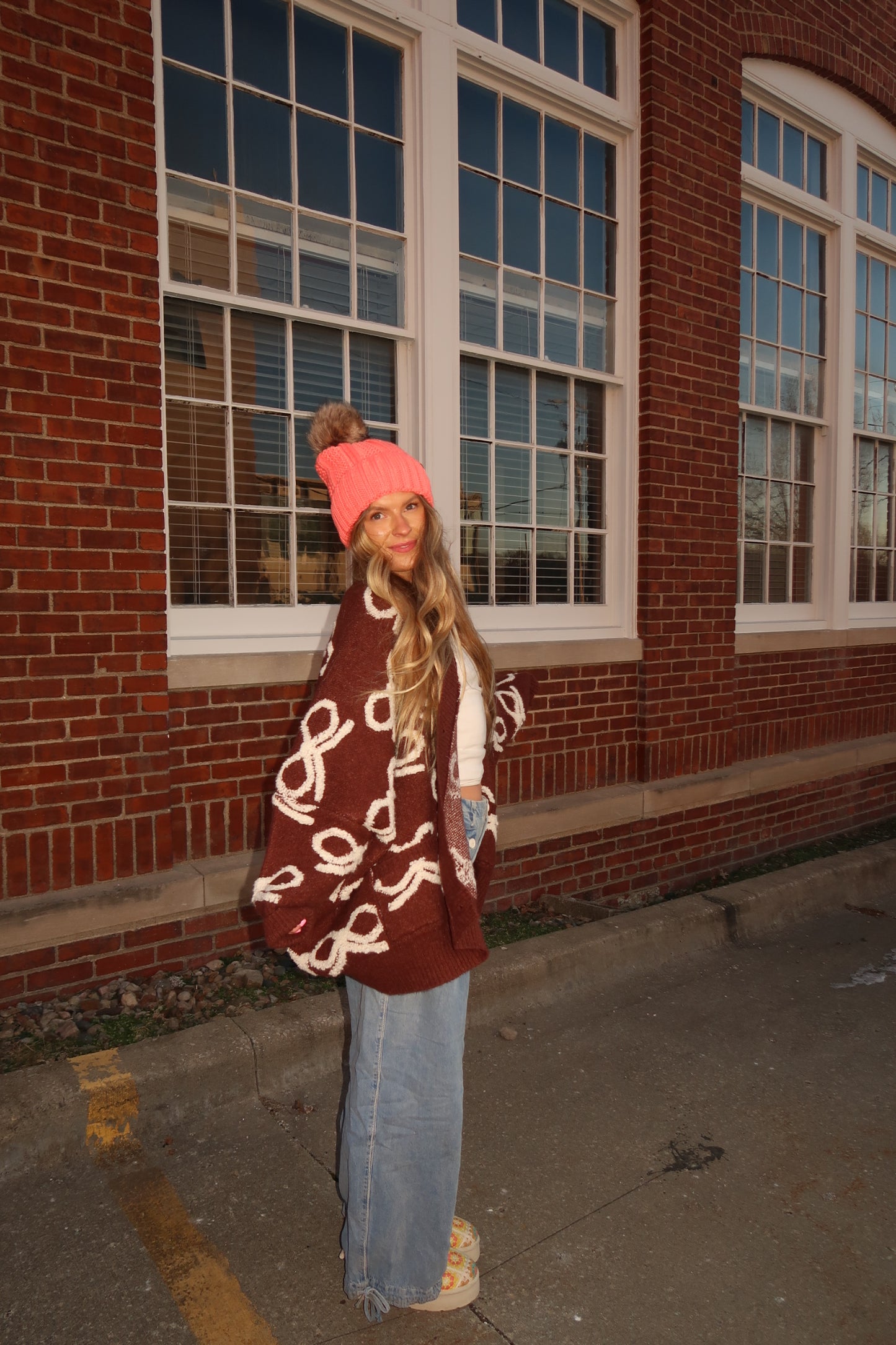 coral knit pom beanie