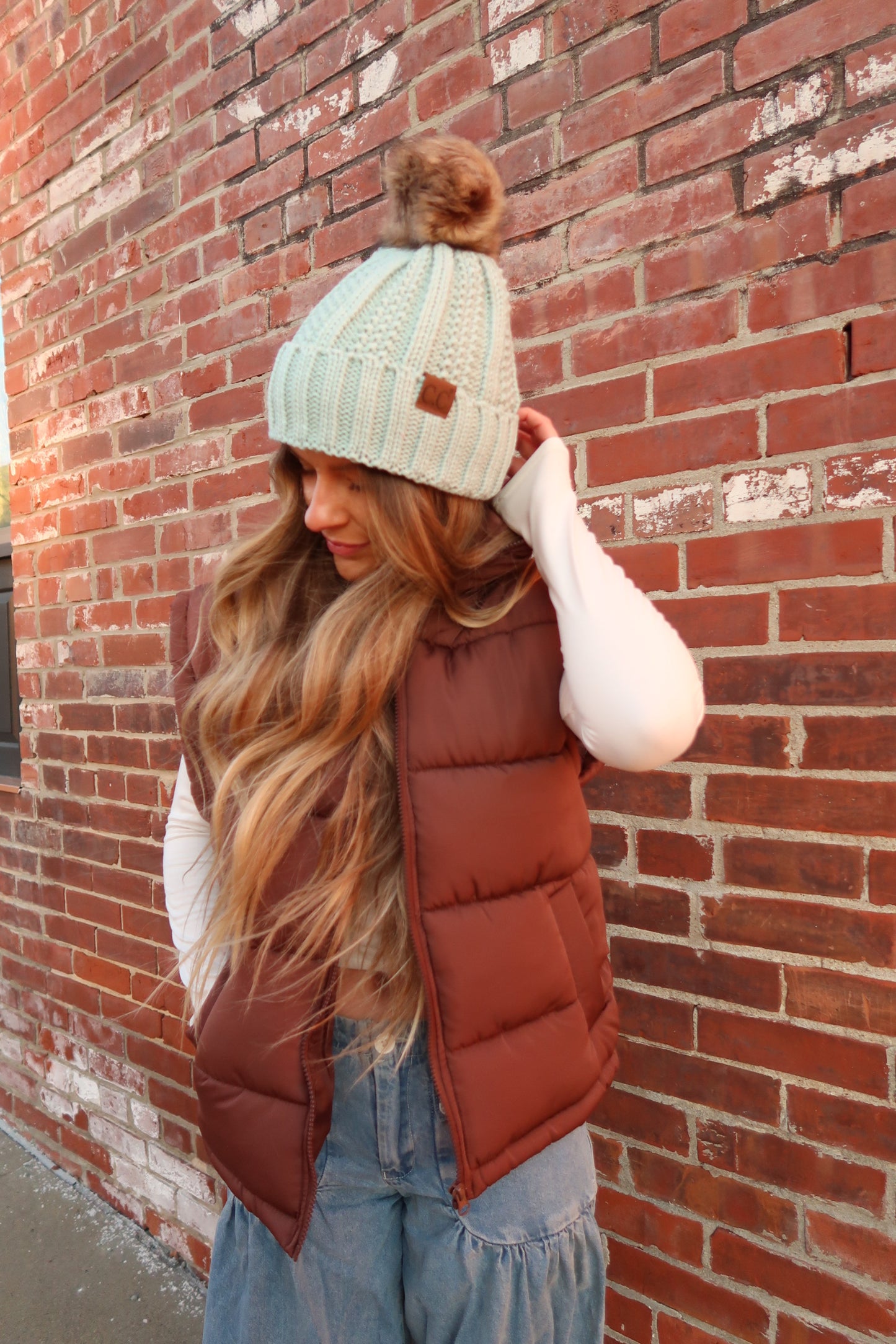 soft mint knit pom beanie