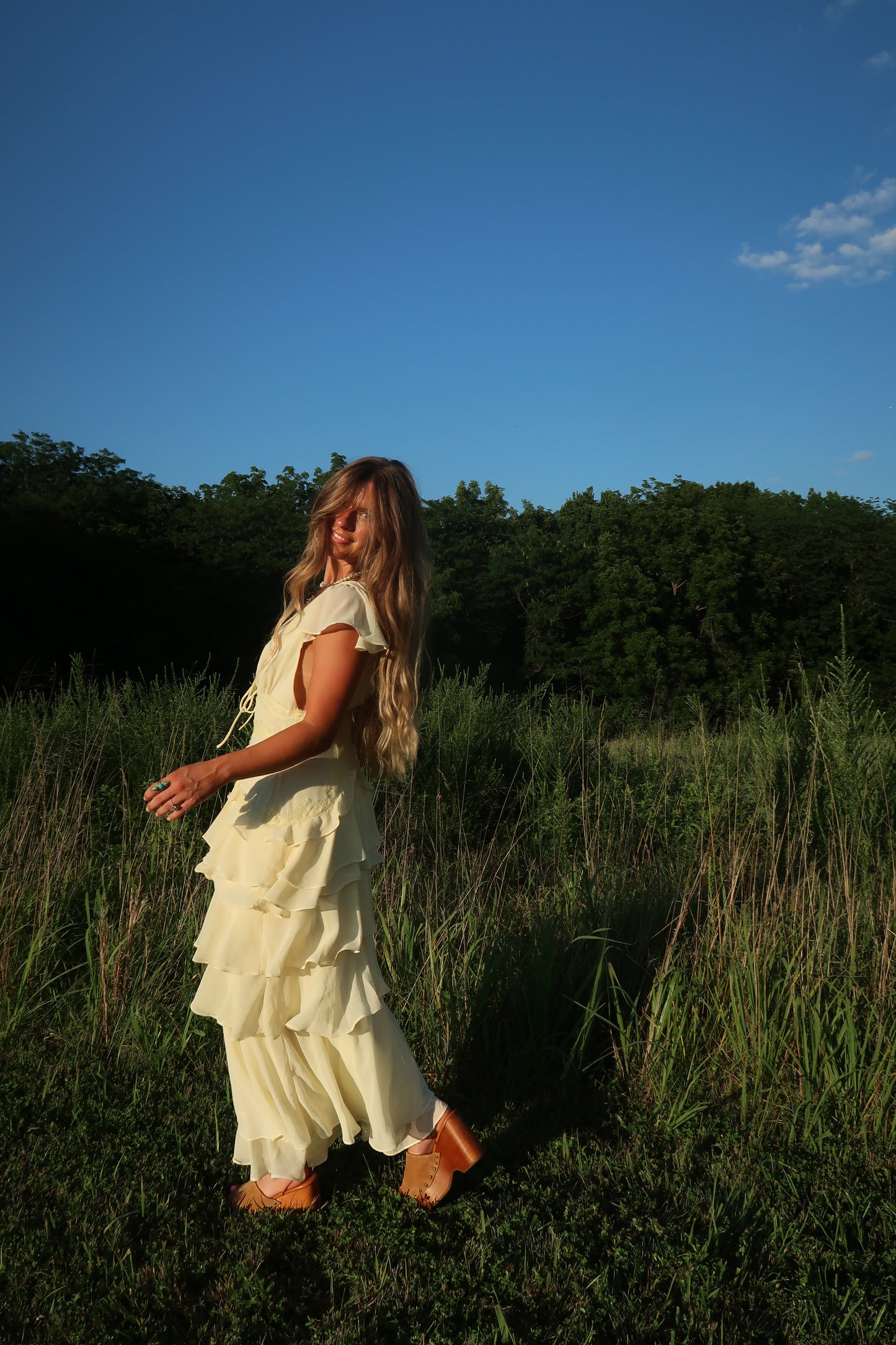 Lemon Light Tiered Midi Dress