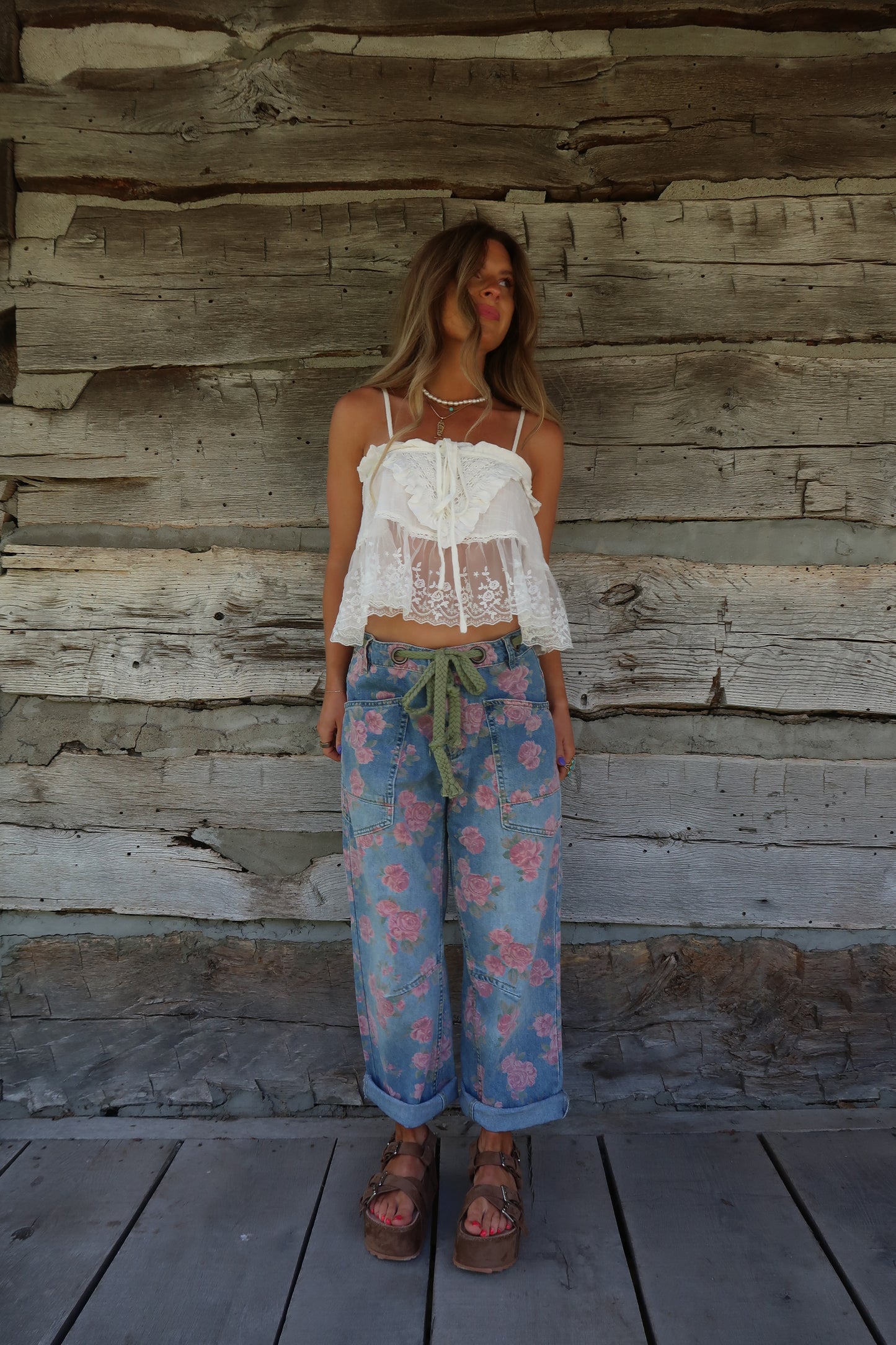 Sawyer Floral Tie Waist Barrel Jeans