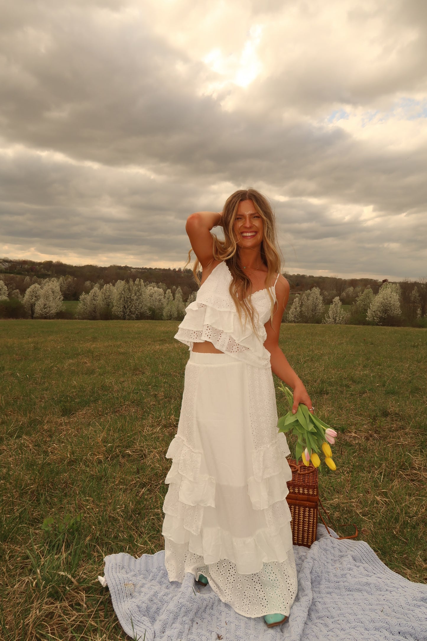 Tulip Eyelet Ruffle Maxi Skirt