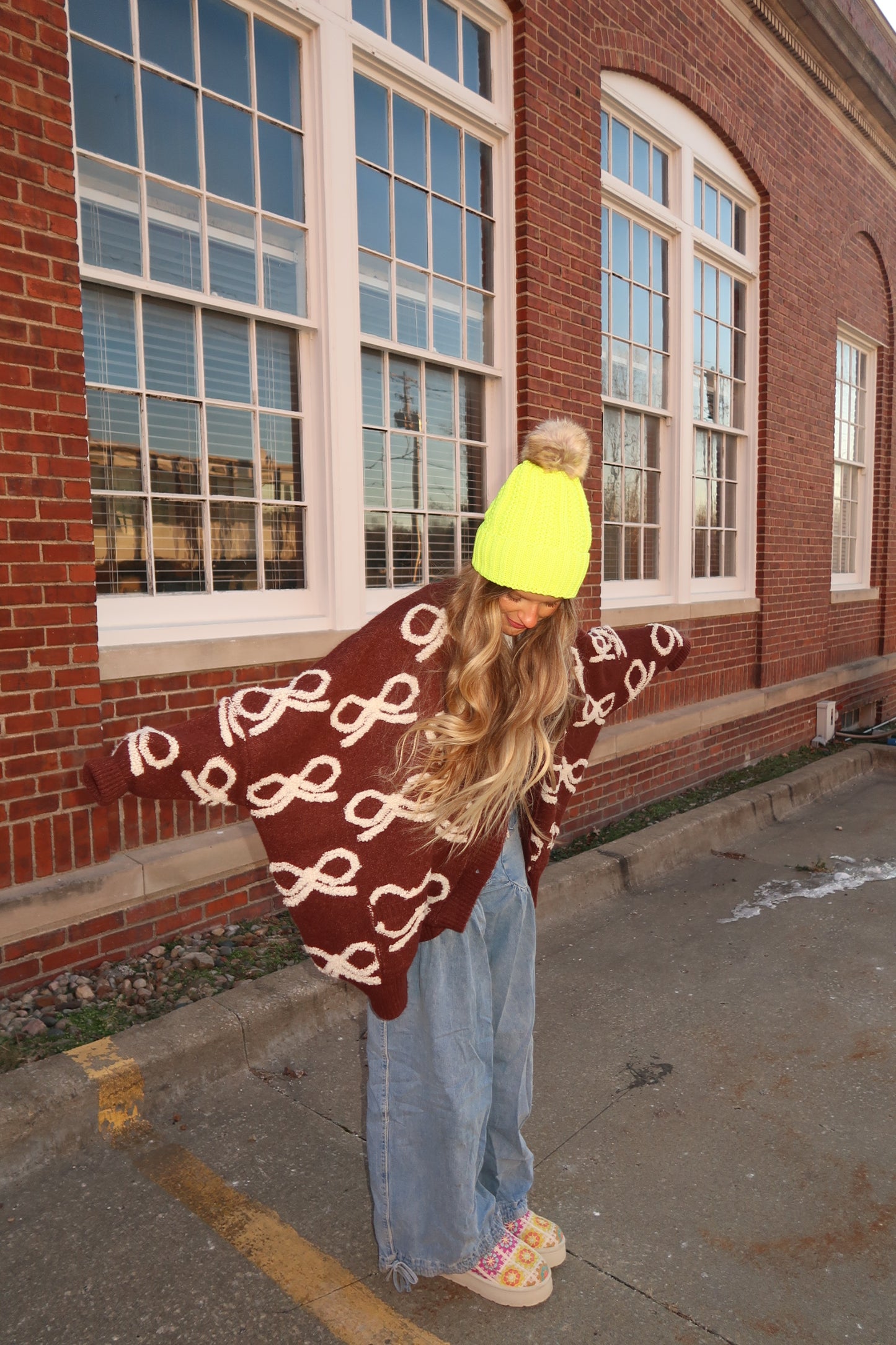 neon yellow knit pom beanie