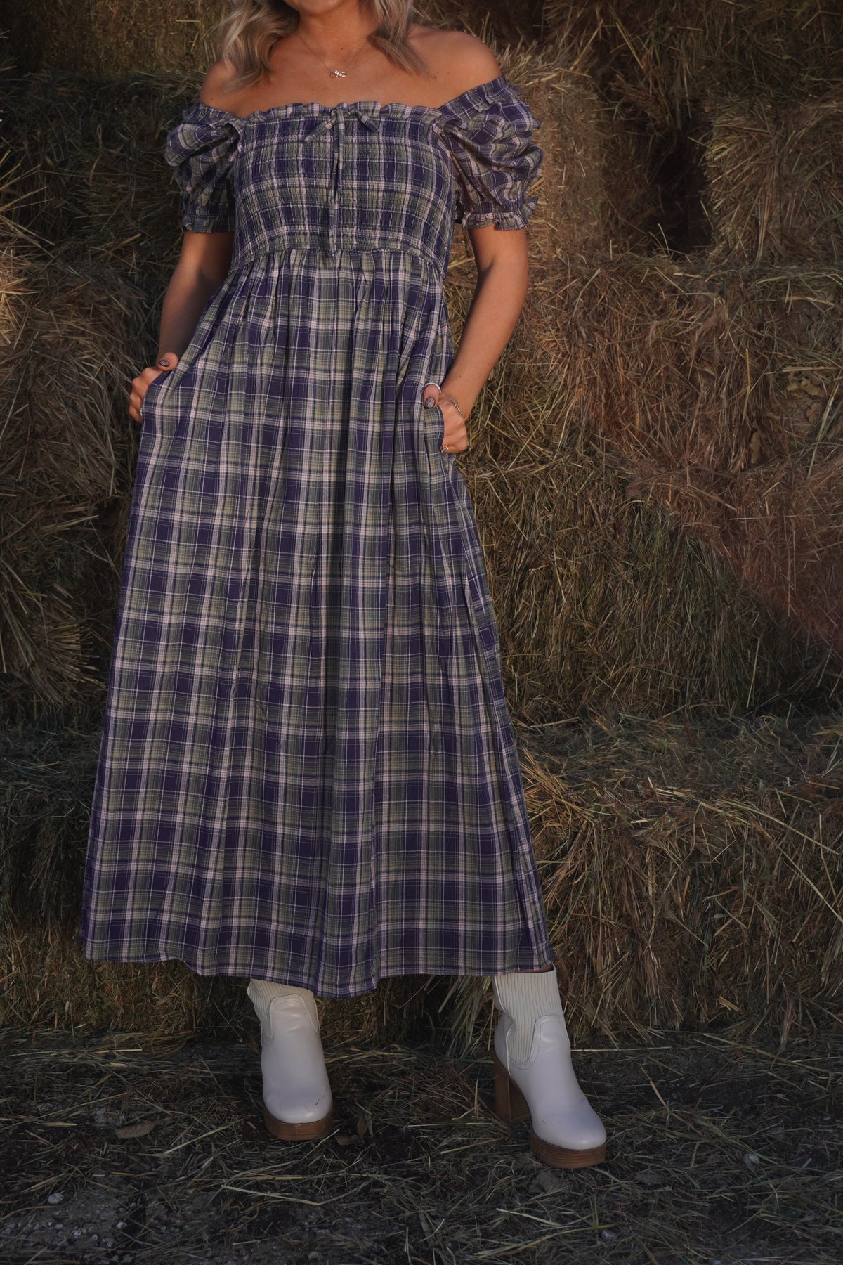 Gather Plaid Midi Dress