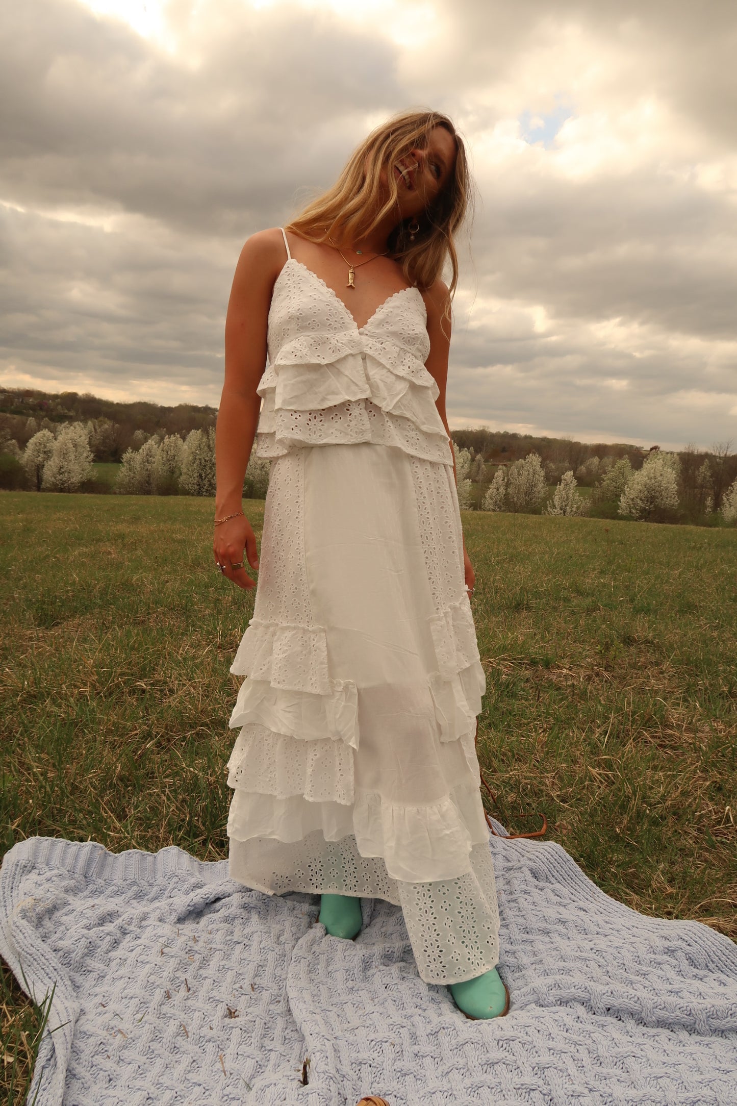 Tulip Eyelet Ruffle Maxi Skirt