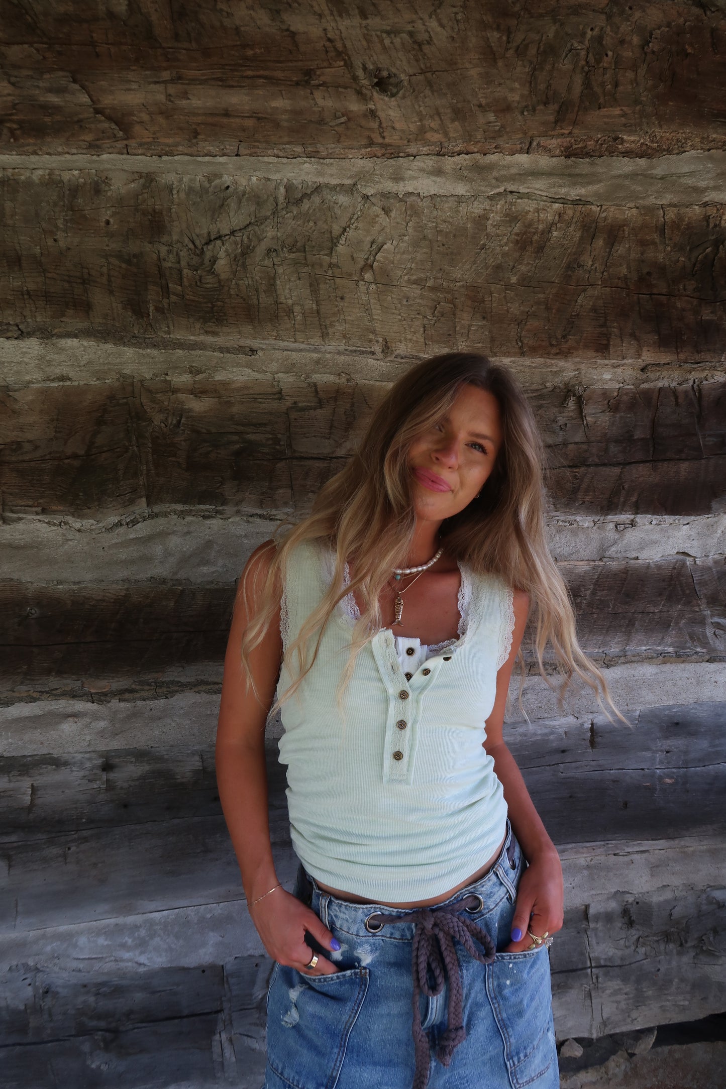 Soft Lime Lace Henley Tank