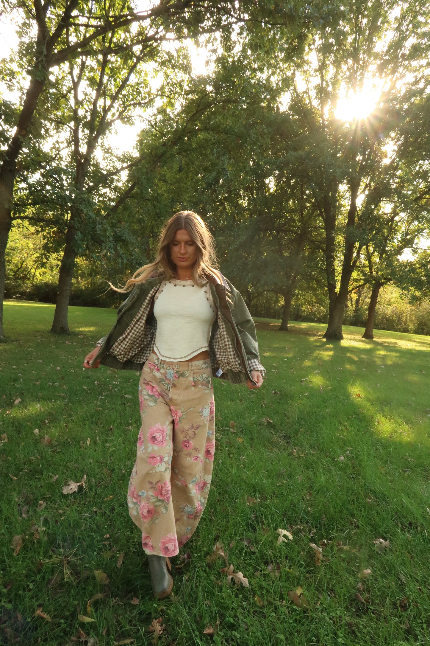 Golden Floral Barrel Jeans