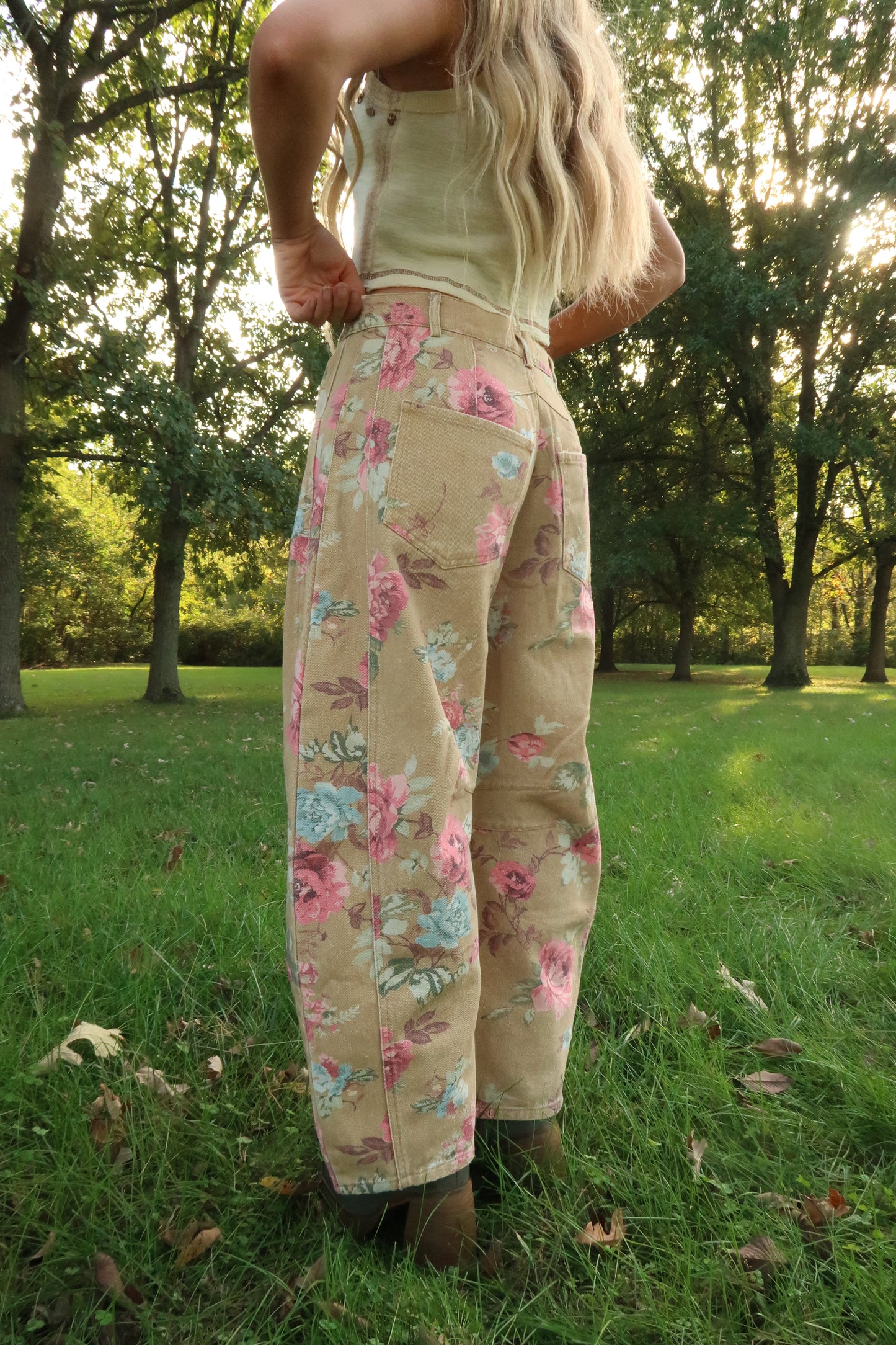 Golden Floral Barrel Jeans