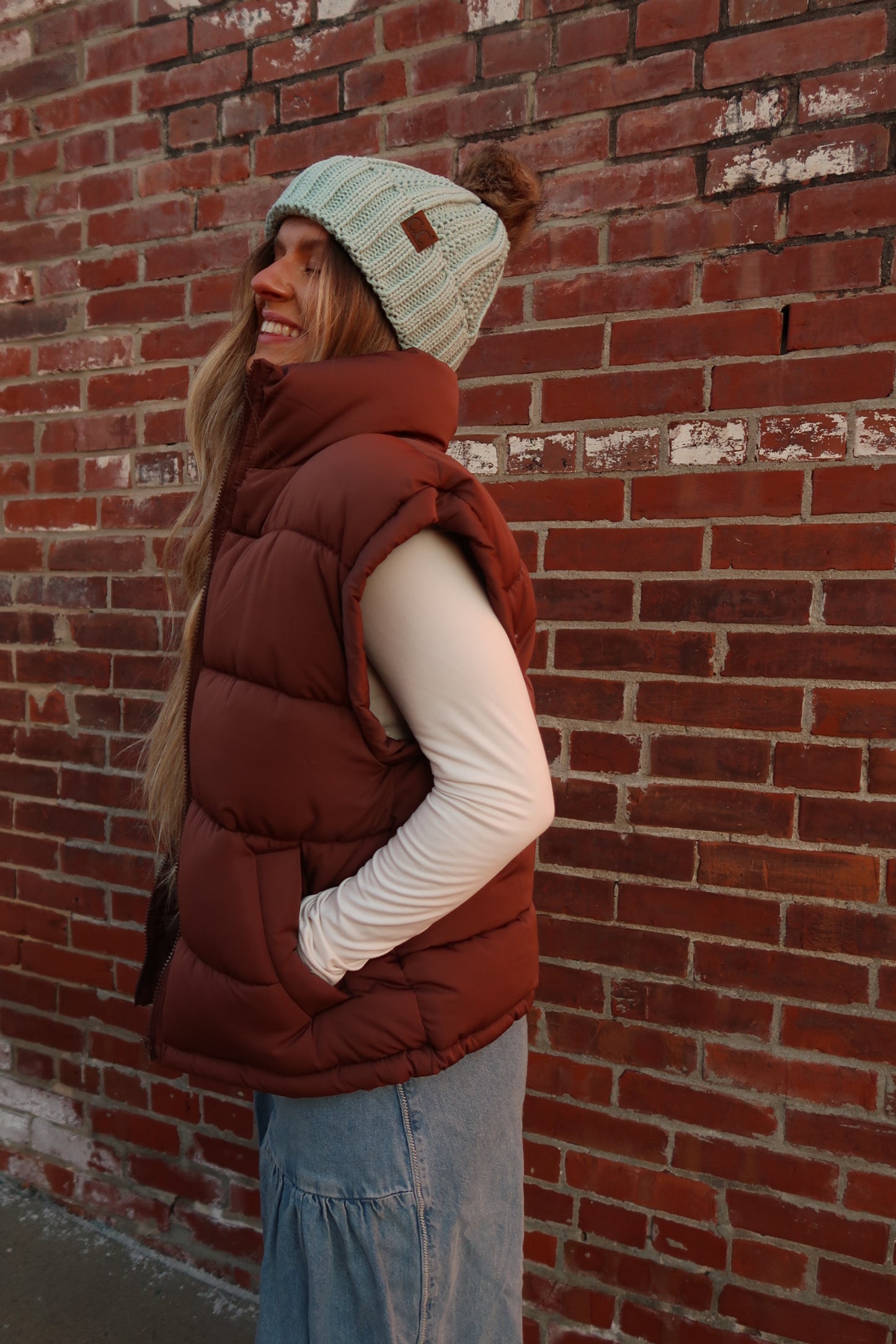 soft mint knit pom beanie
