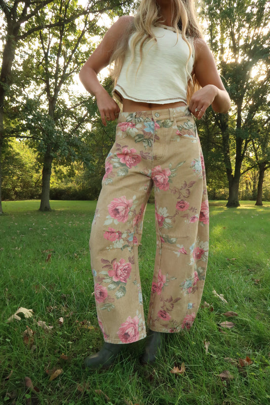 Golden Floral Barrel Jeans