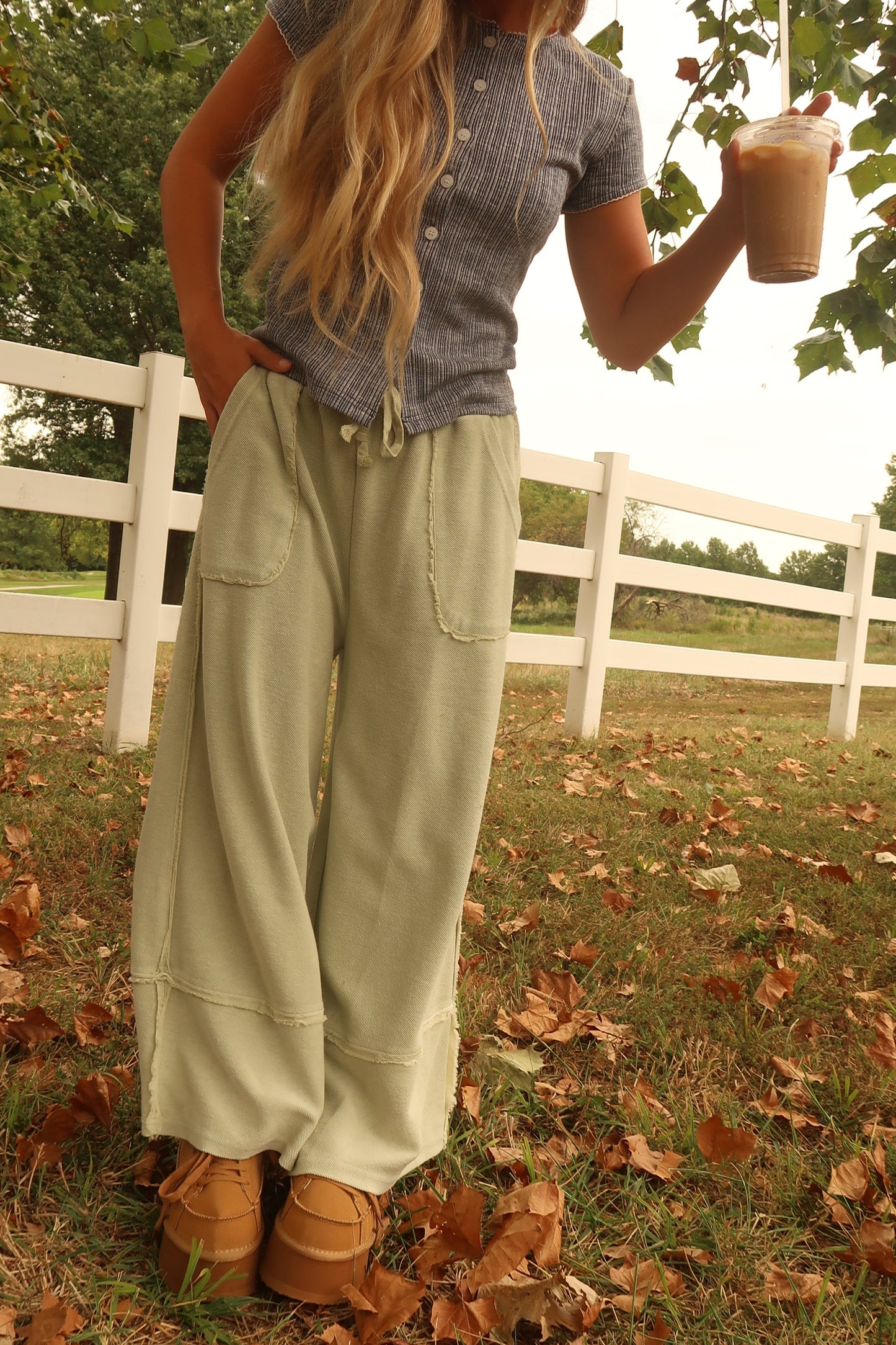 Green tea Wide Leg Crop Pant