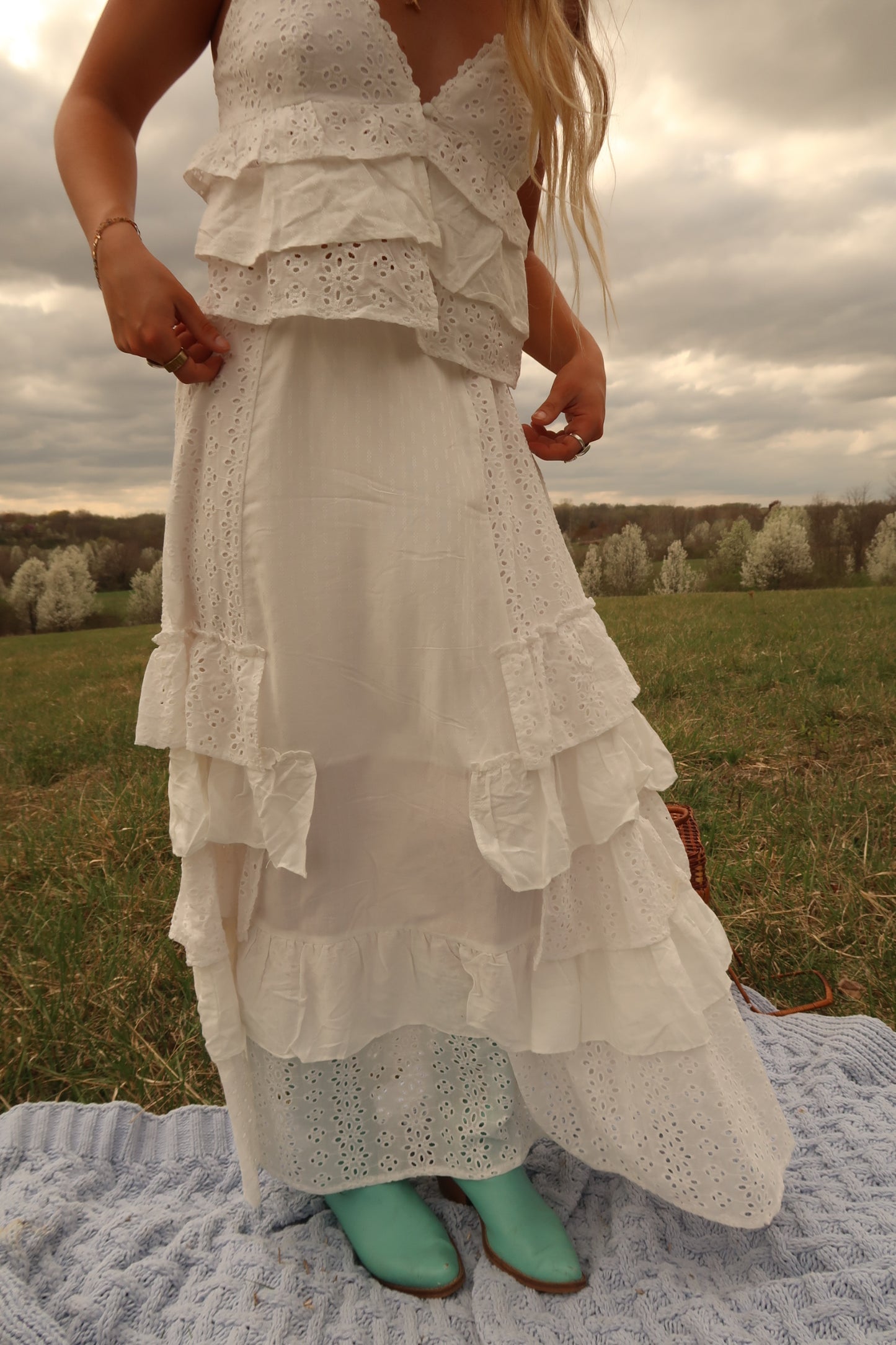 Tulip Eyelet Ruffle Maxi Skirt