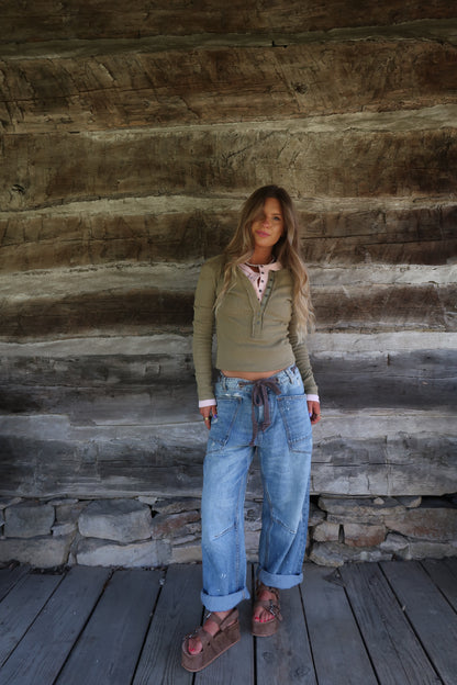 Olive Ribbed Henley Long Slv