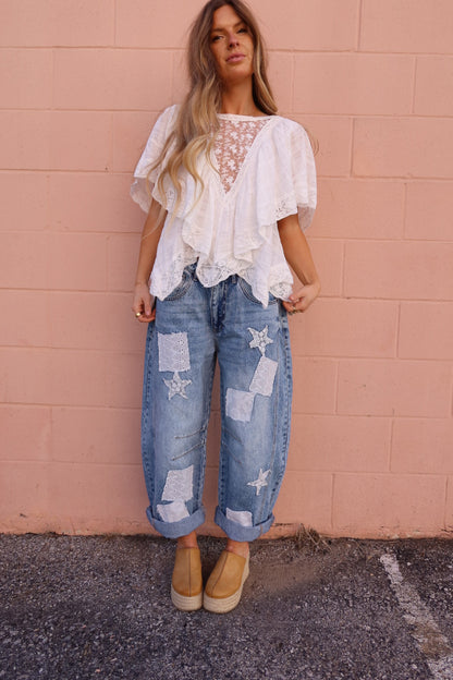 Frankie Eyelet Barrel Jeans