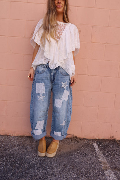 Frankie Eyelet Barrel Jeans
