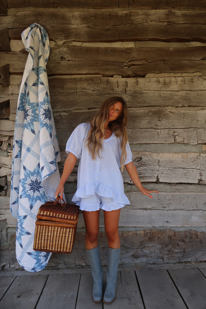 Blueberry Gingham Ruffle Top