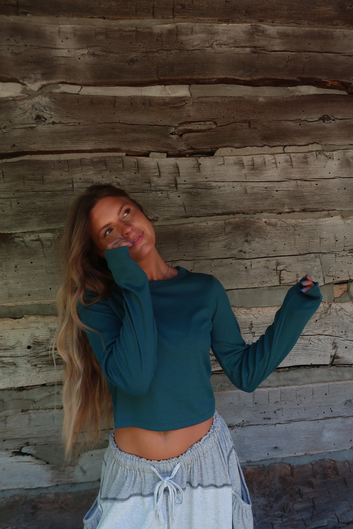 Teal Ribbed Crop Long Slv