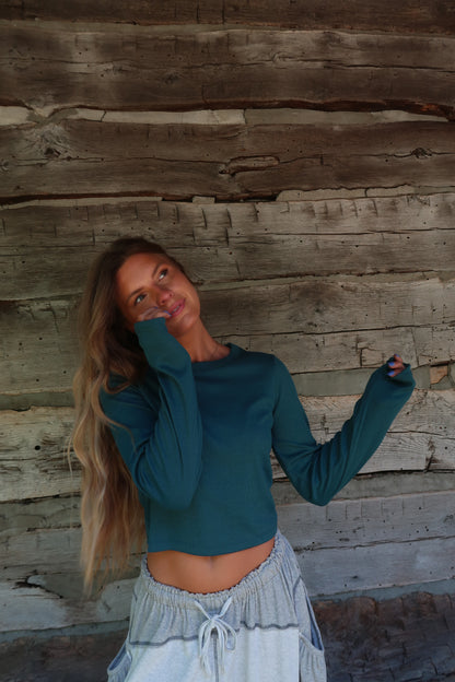 Teal Ribbed Crop Long Slv