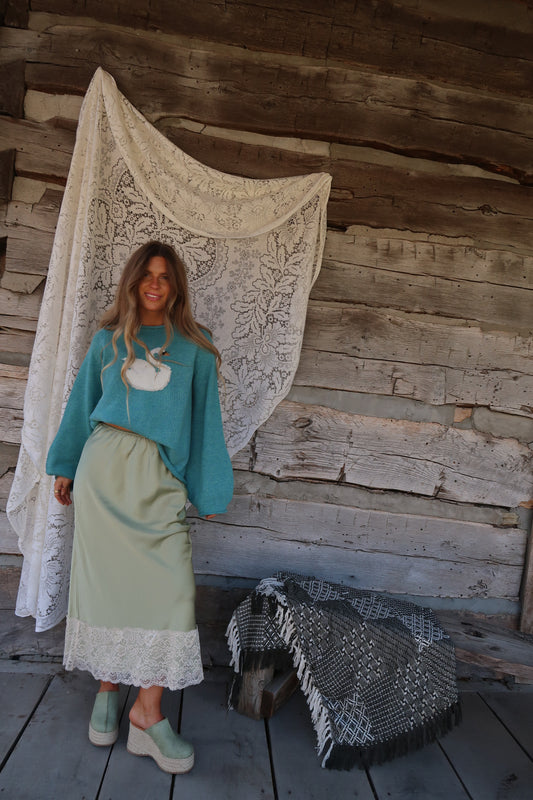 Matcha Satin Midi Skirt