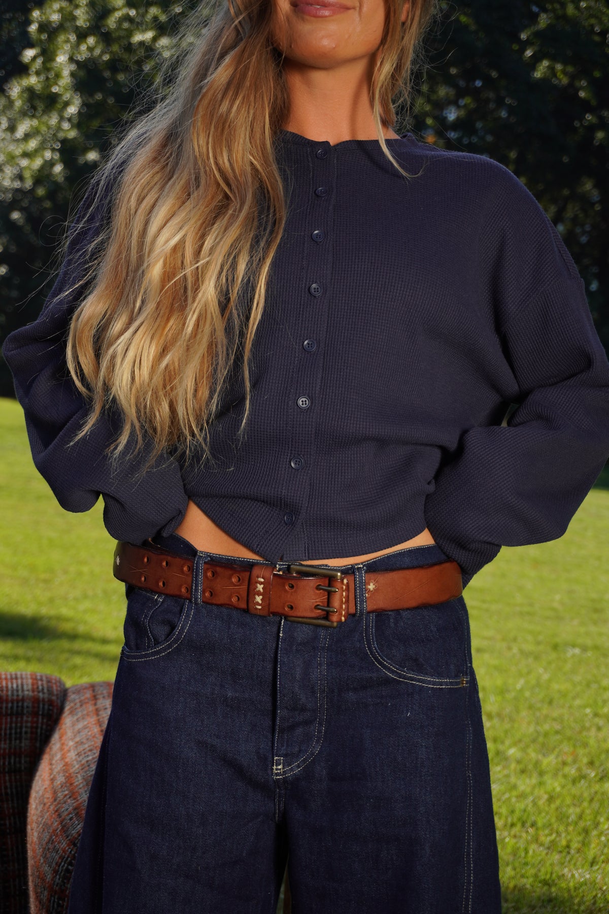 Navy Waffle Bttn Long Slv
