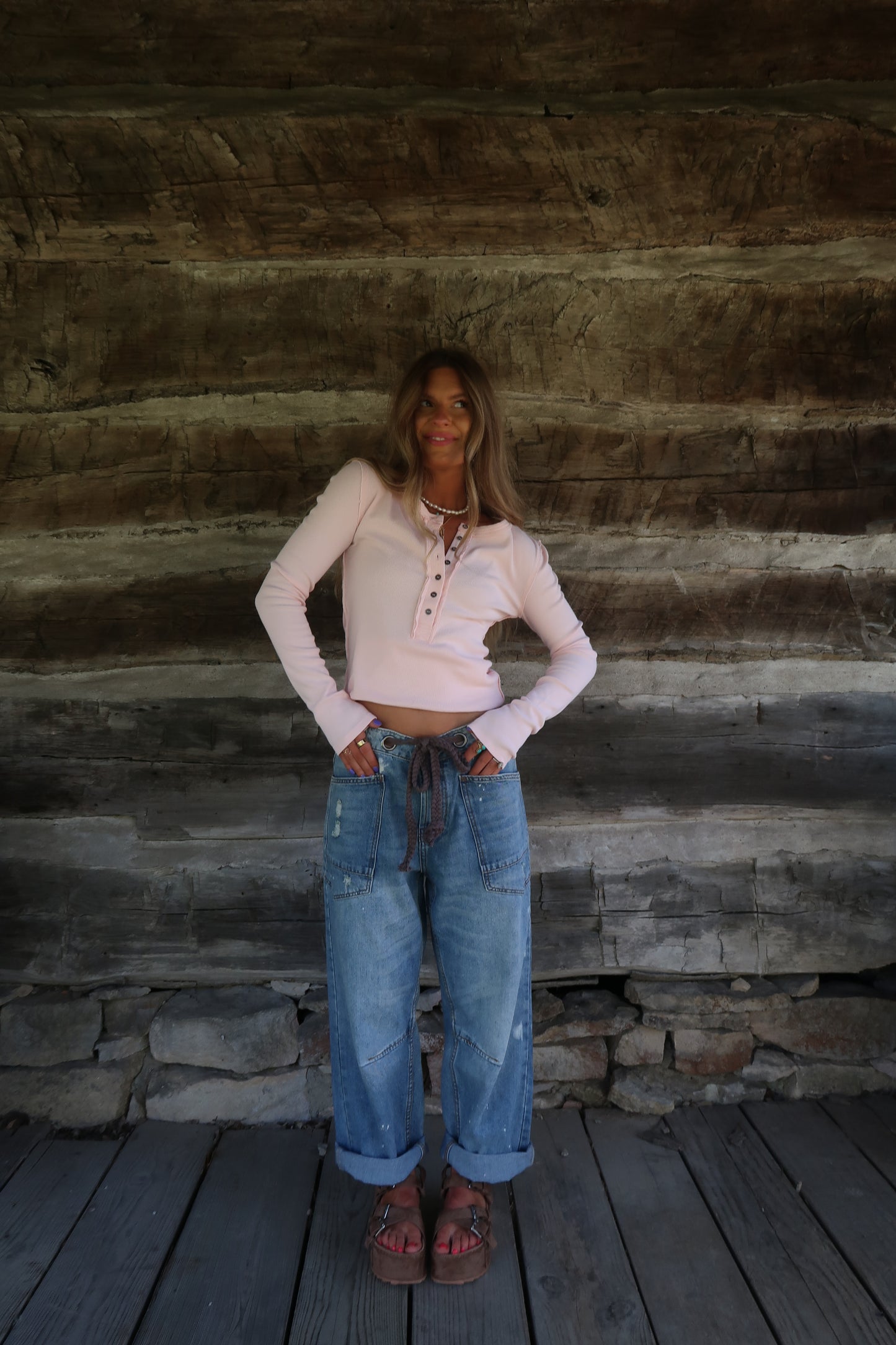Blush Ribbed Henley Long Slv