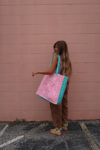 Makia Patchwork "LOVE" Quilted Tote Bag