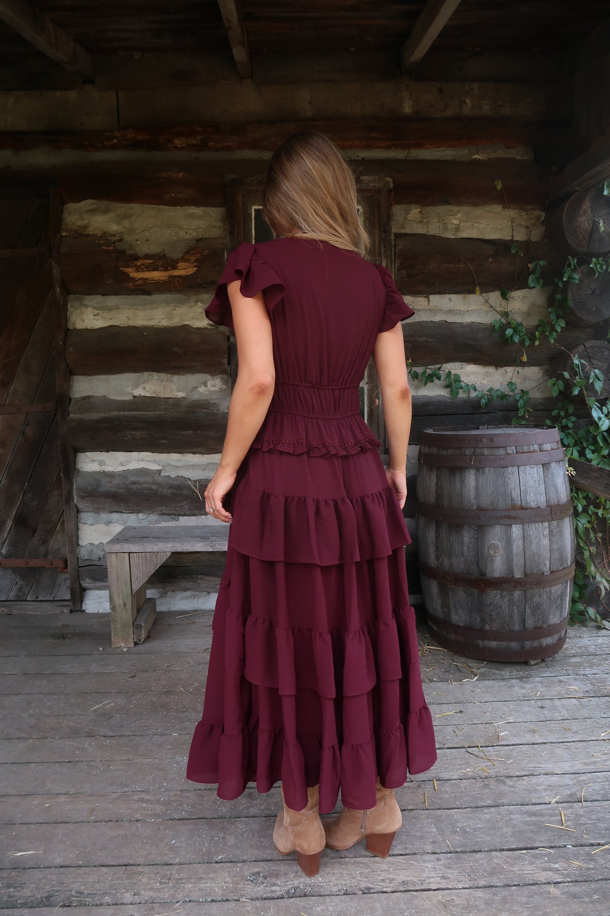 Deep Wine Ruffle Midi Dress