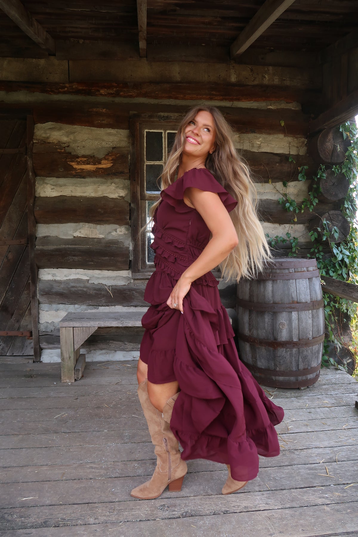Deep Wine Ruffle Midi Dress