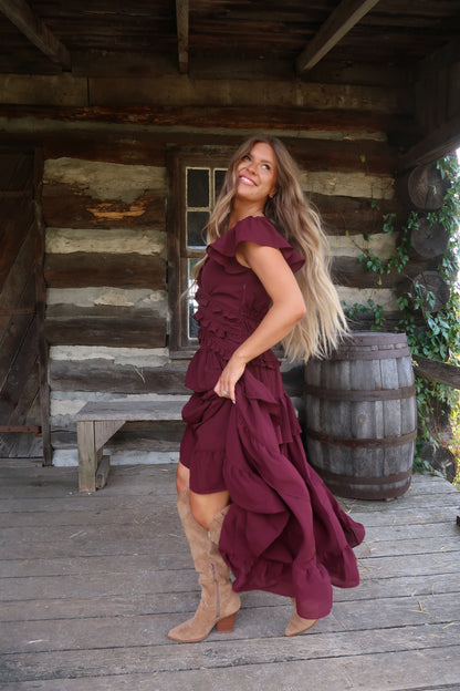 Deep Wine Ruffle Midi Dress