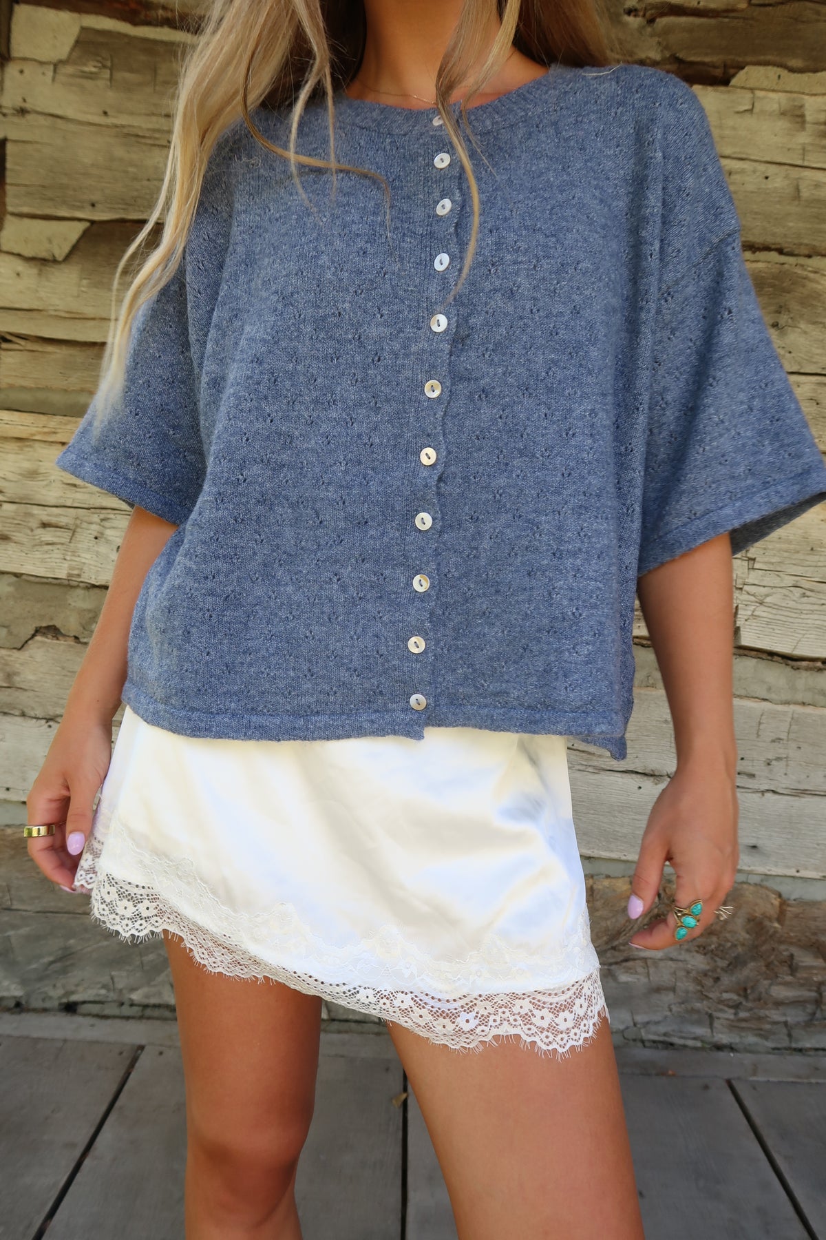 Denim Pointelle Short Slv Everyday Cardi