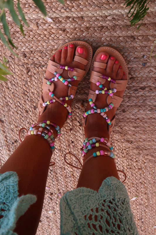 Rainbow Beaded Lace Up Sandal