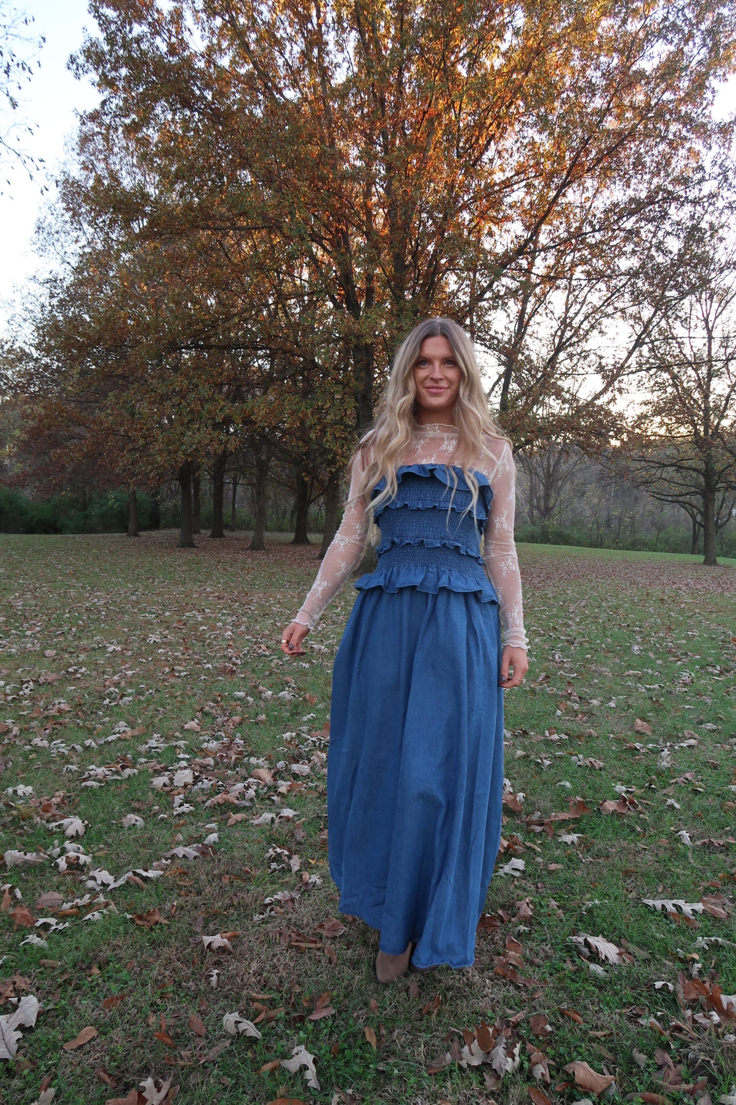 Maple Denim Ruffle Strapless maxi dress