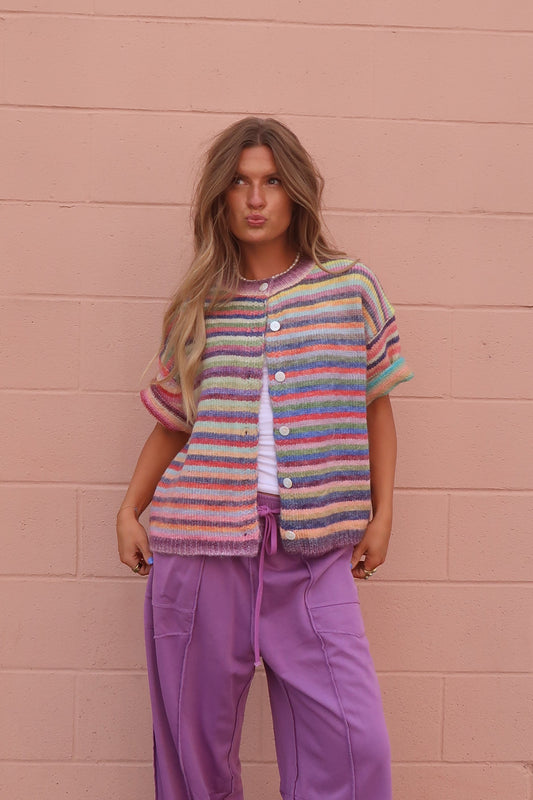 Crisp Air Stripe Short Slv Cardigan