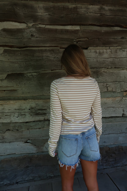 Latte Stripe Henley Long Slv