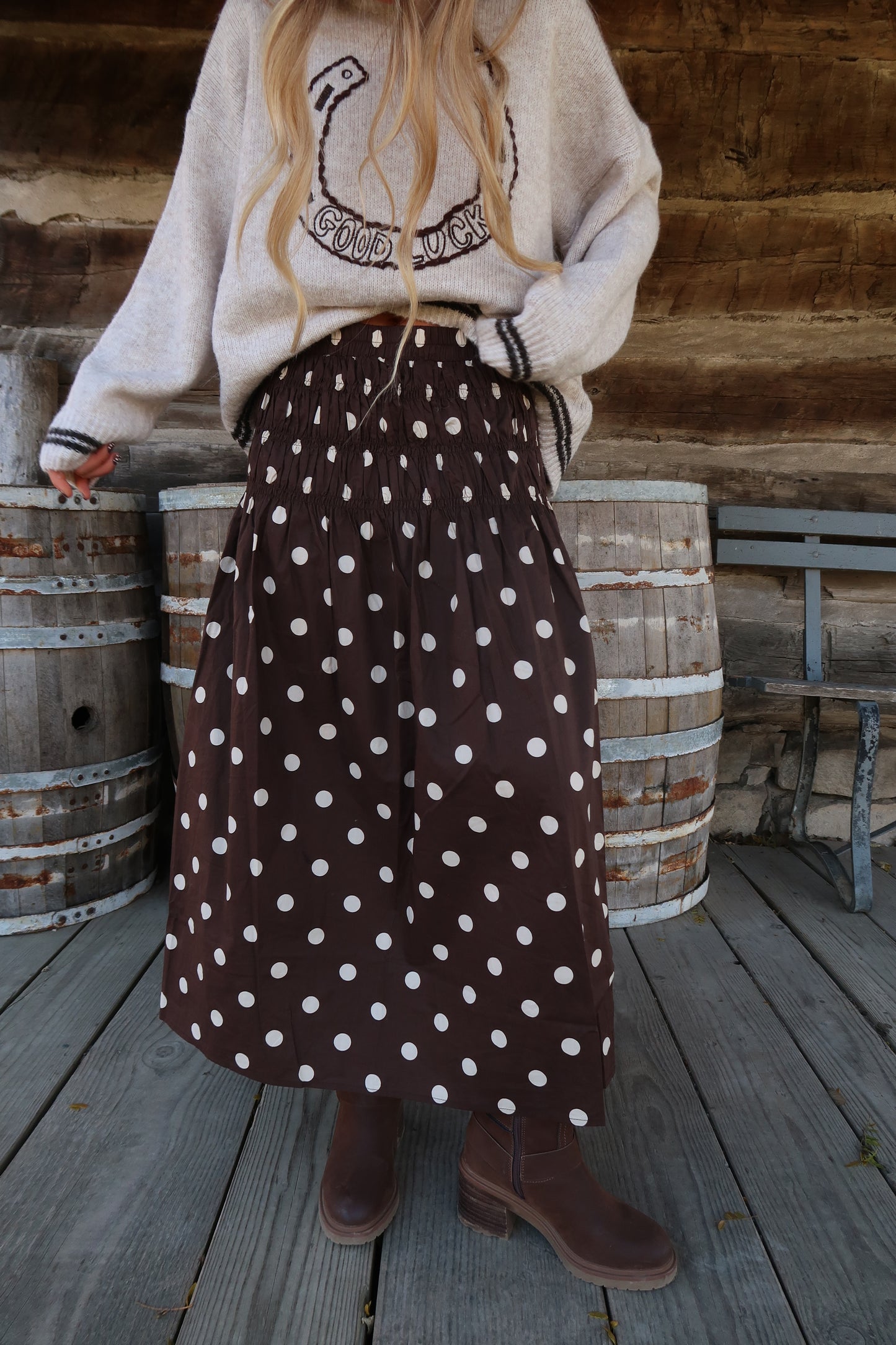 Toffee Dot Midi Skirt