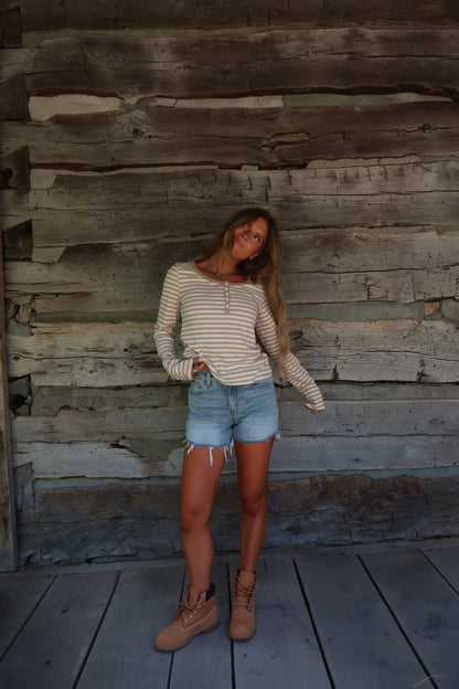Latte Stripe Henley Long Slv