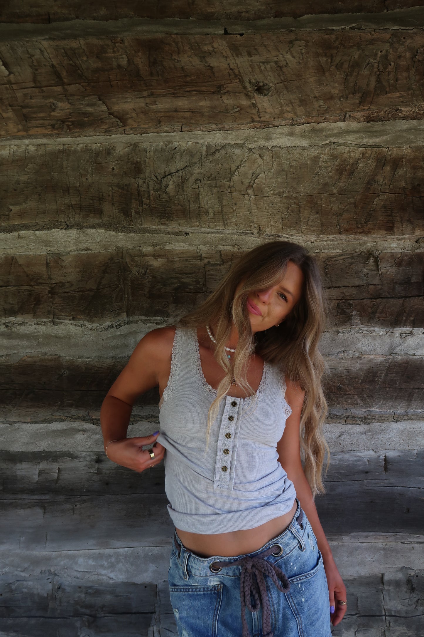 Light Gray Lace Henley Tank