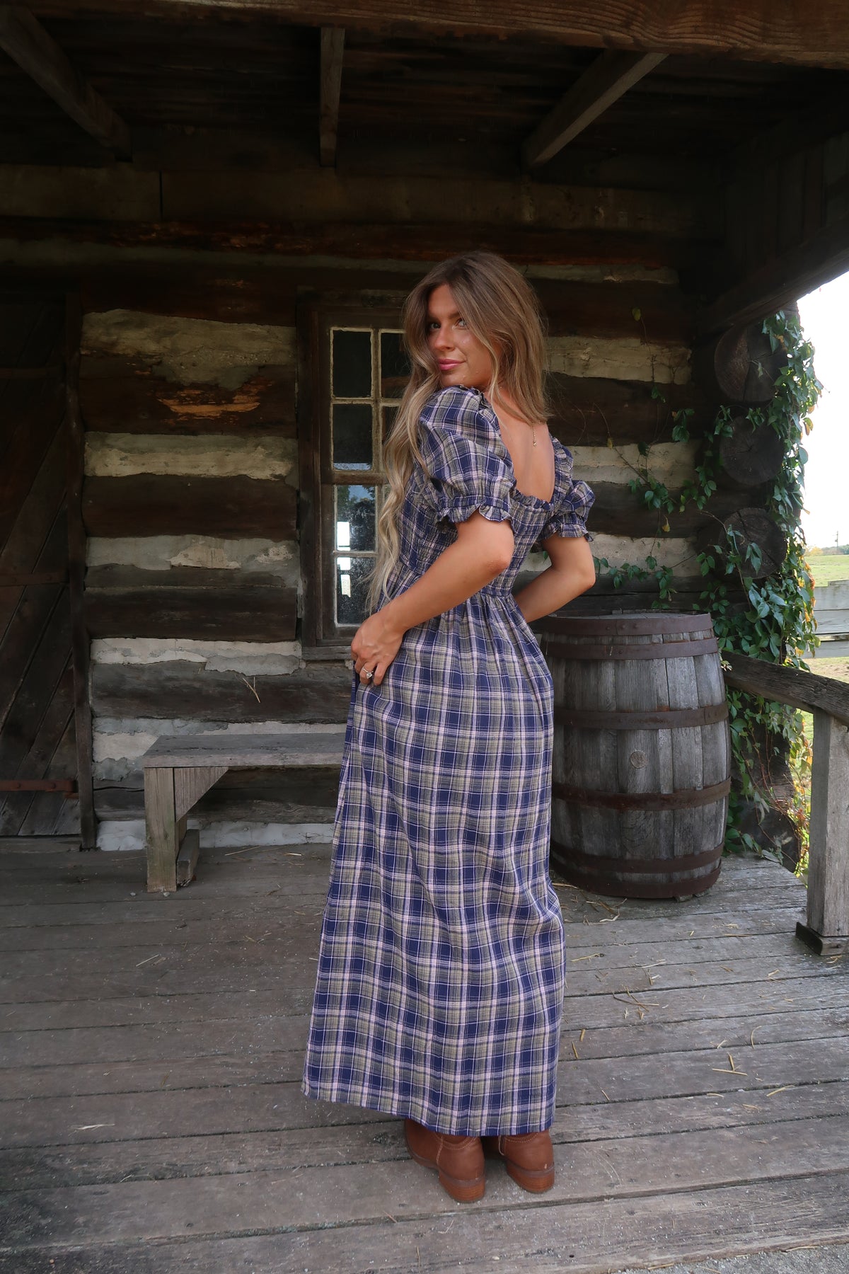 Gather Plaid Midi Dress