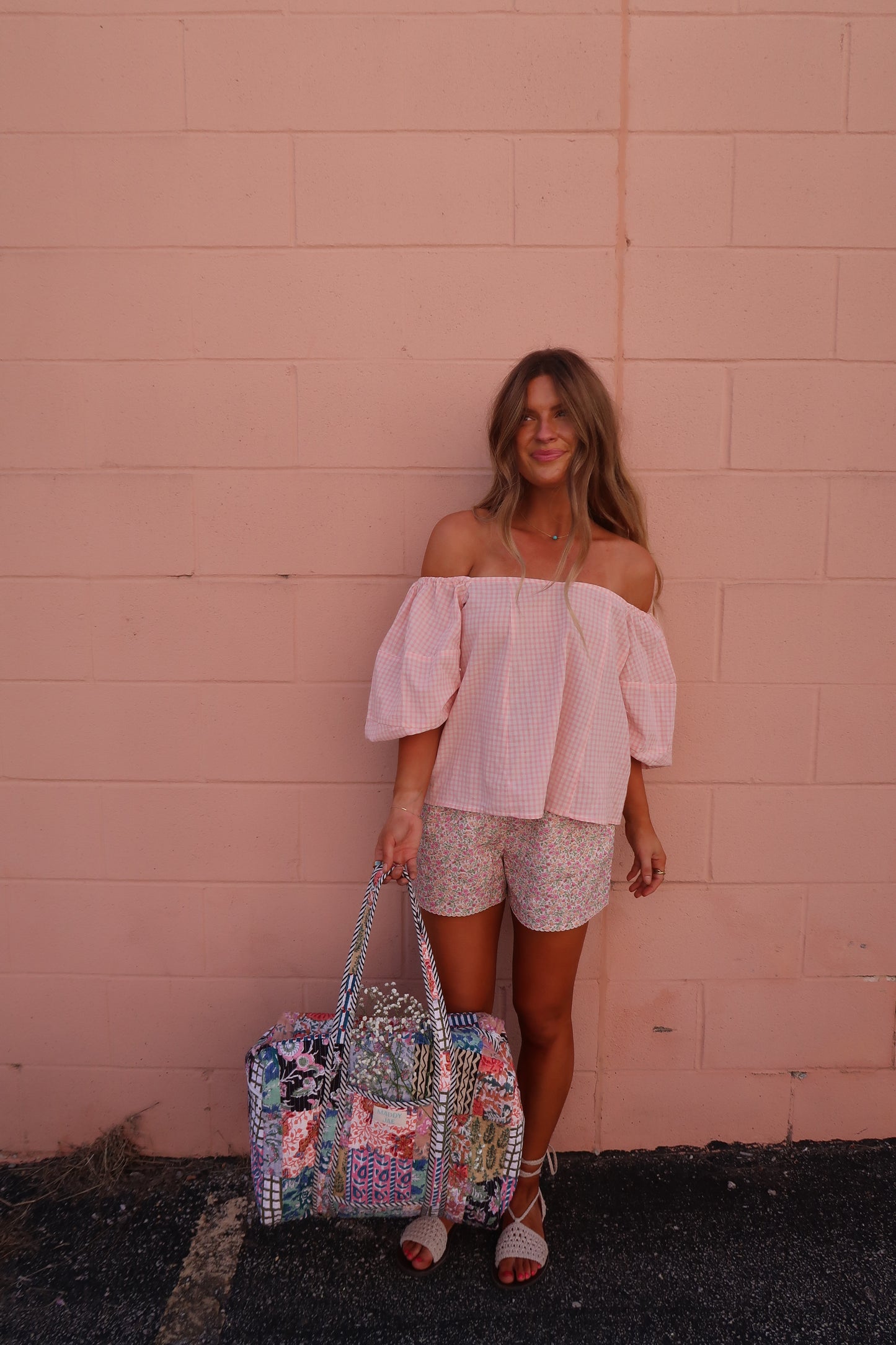 Blush Gingham Off the Shoulder Top