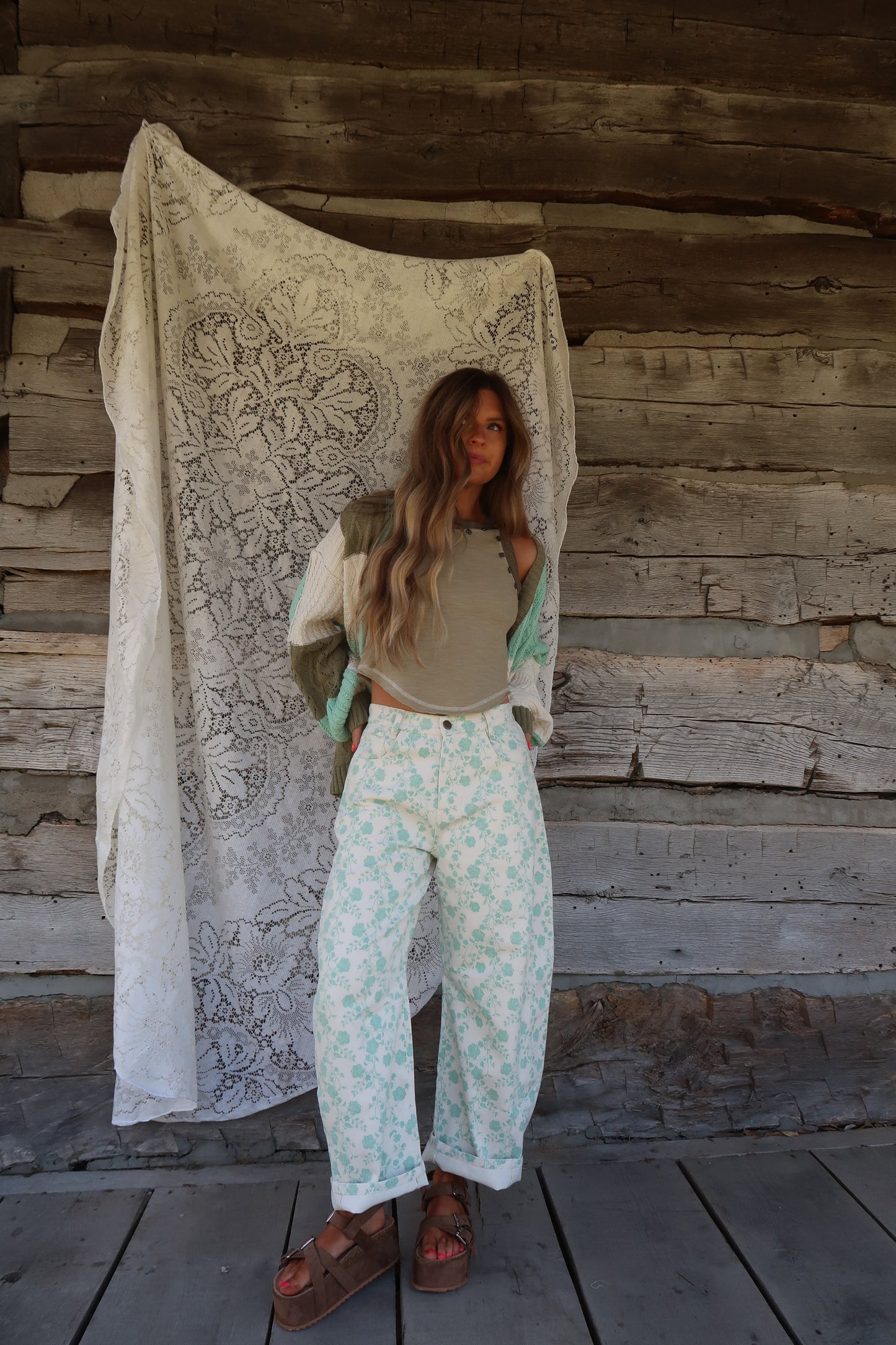 Minty Fresh Floral Barrel Jeans