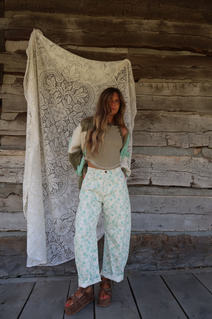Minty Fresh Floral Barrel Jeans