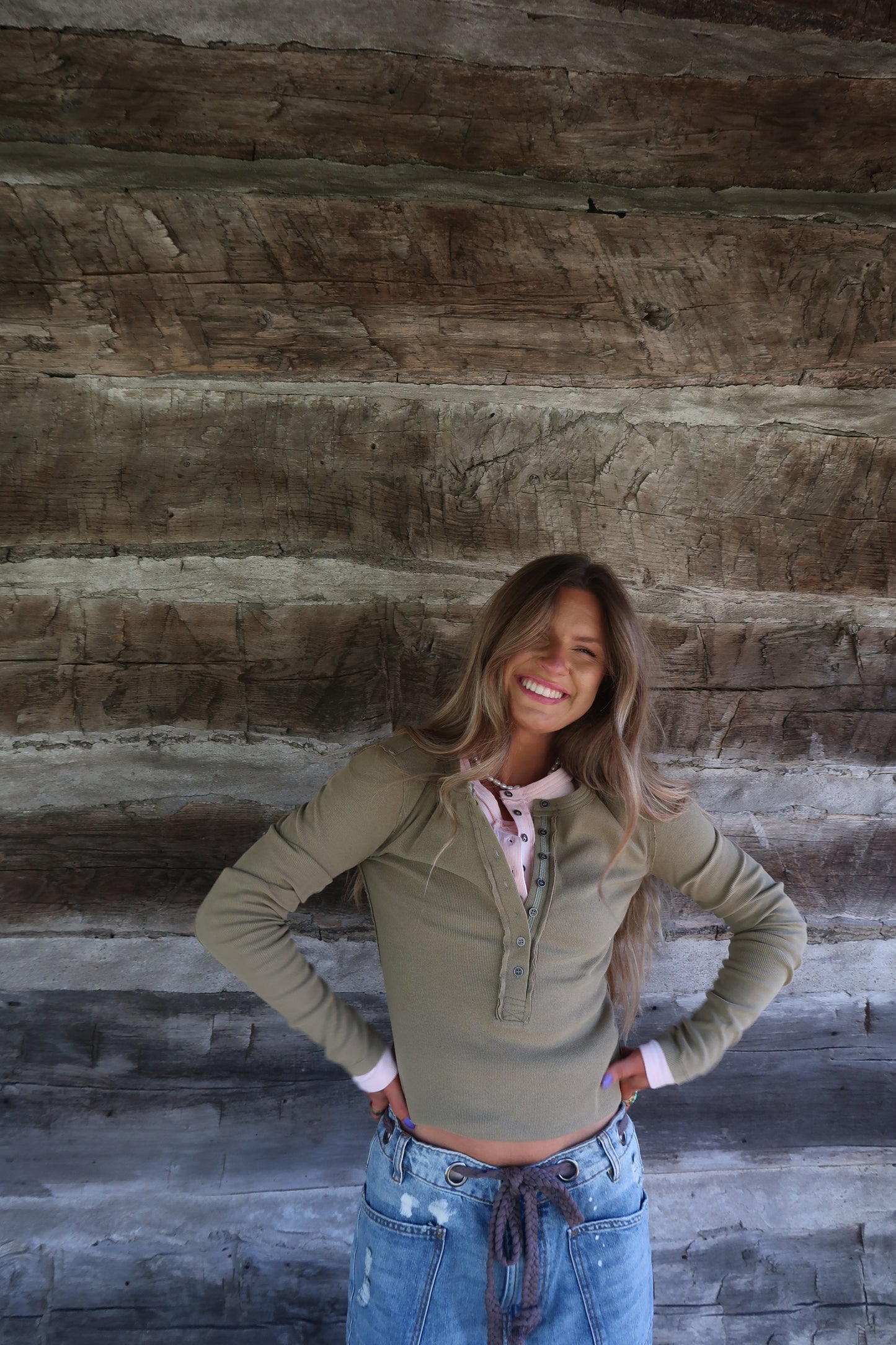 Olive Ribbed Henley Long Slv