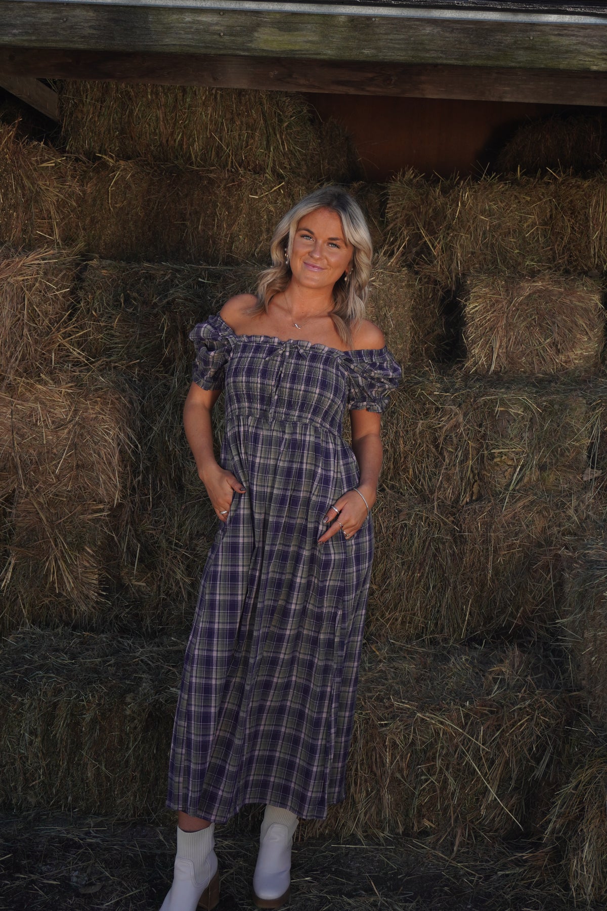 Gather Plaid Midi Dress