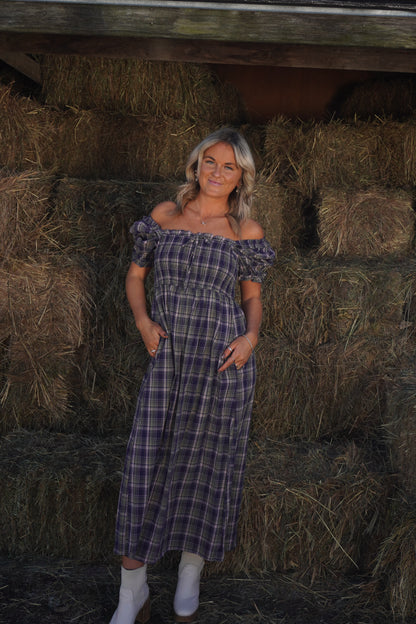 Gather Plaid Midi Dress