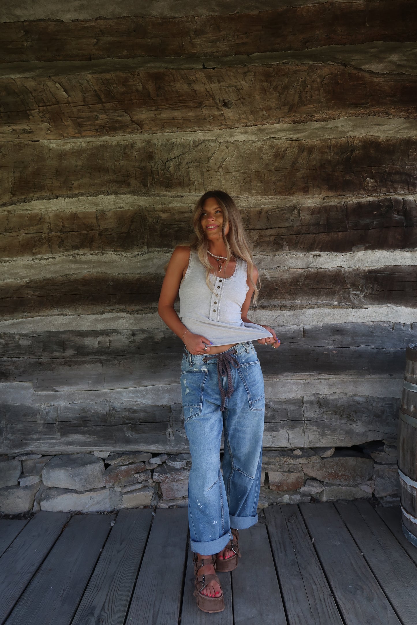 Light Gray Lace Henley Tank