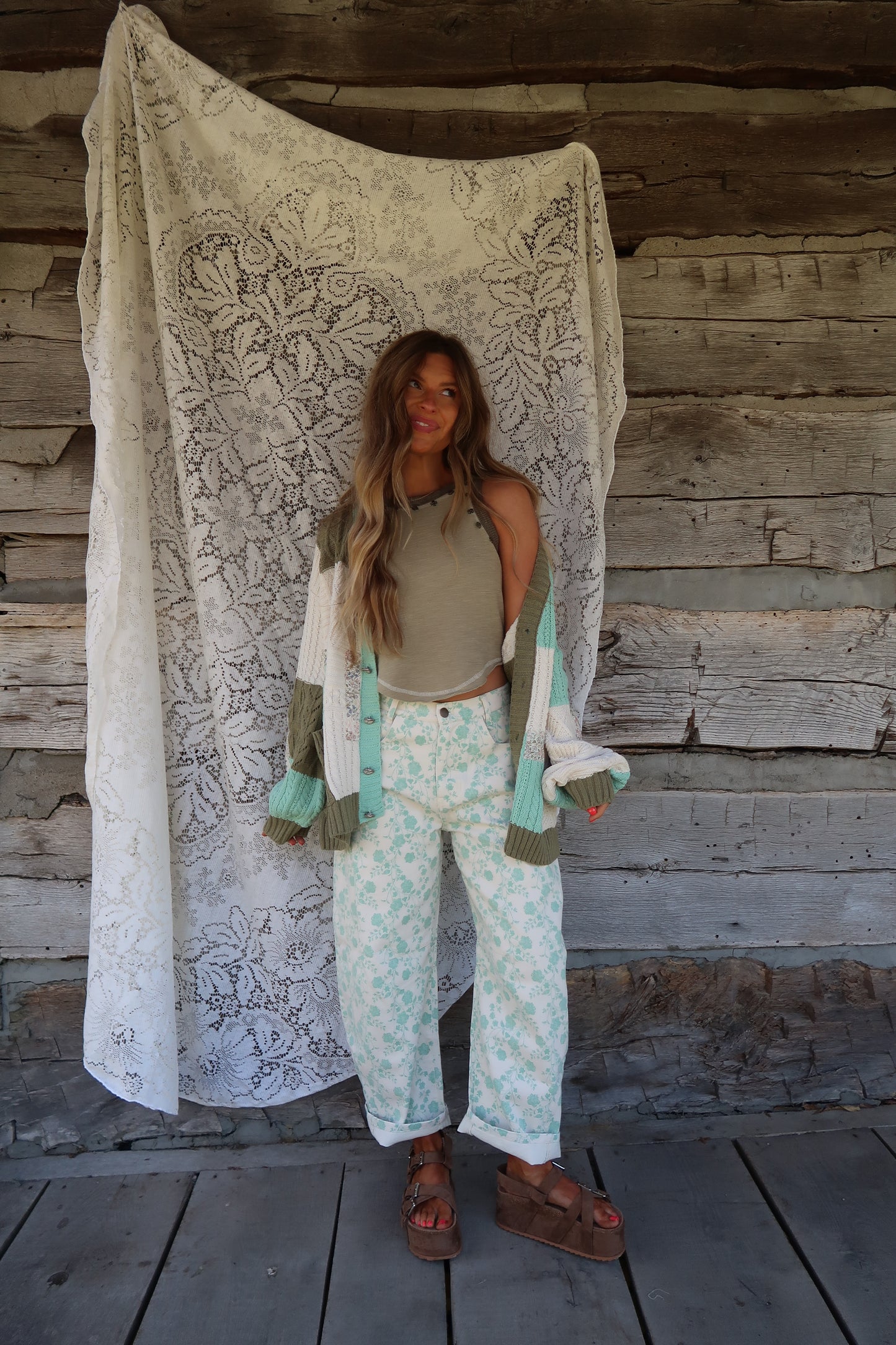 Minty Fresh Floral Barrel Jeans
