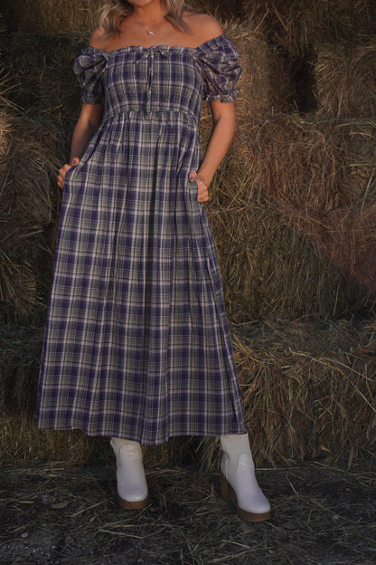 Gather Plaid Midi Dress