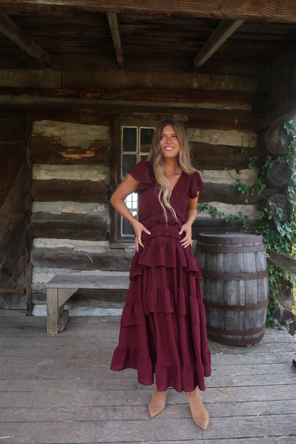 Deep Wine Ruffle Midi Dress