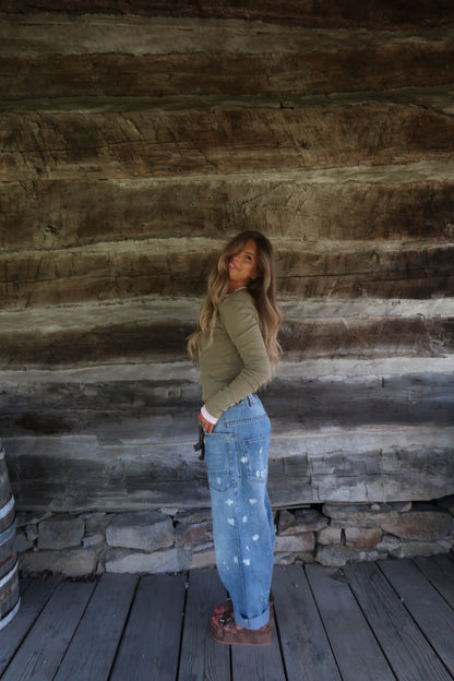 Olive Ribbed Henley Long Slv