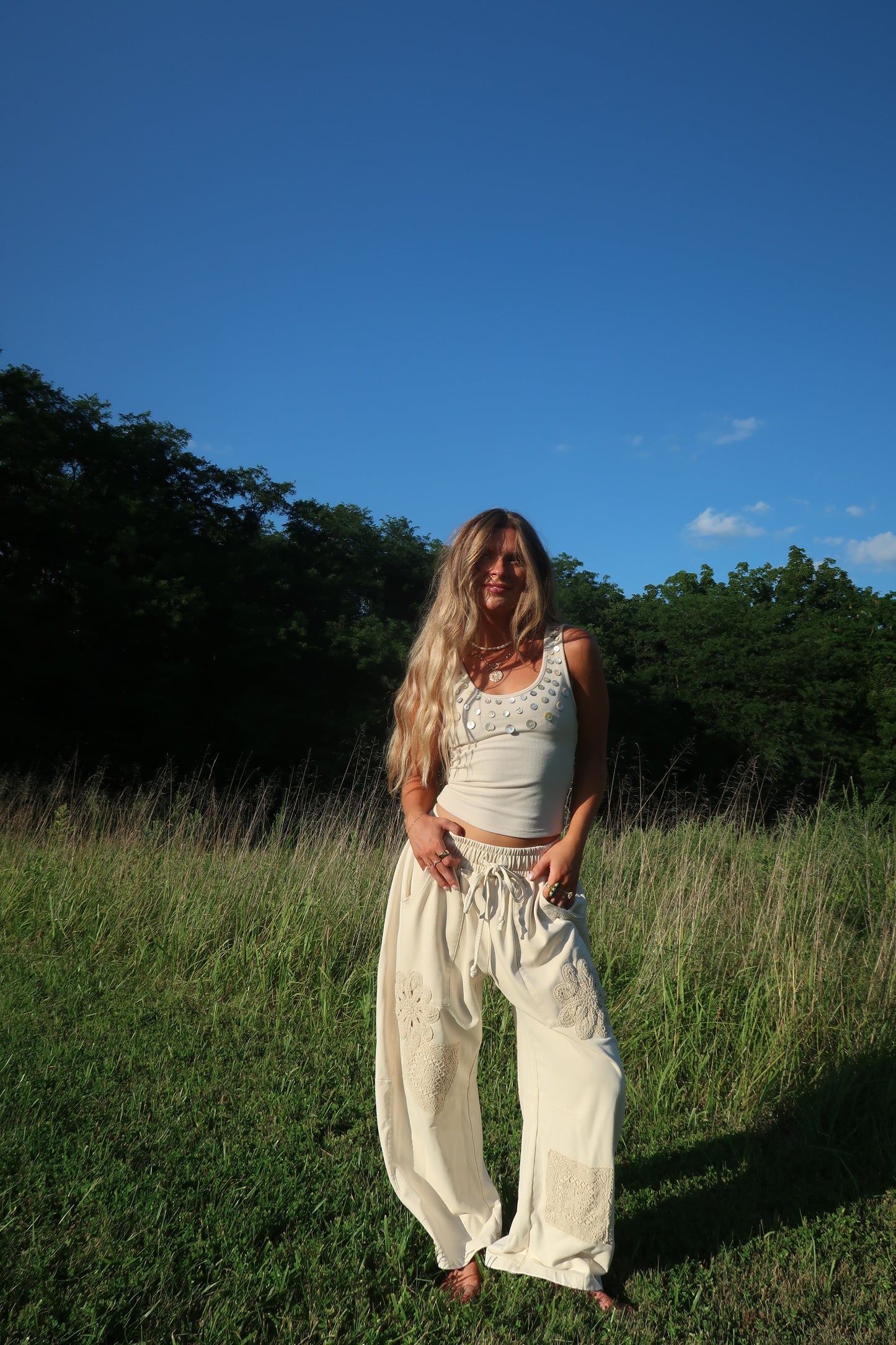Cream BonBon Crochet Barrel Sweats